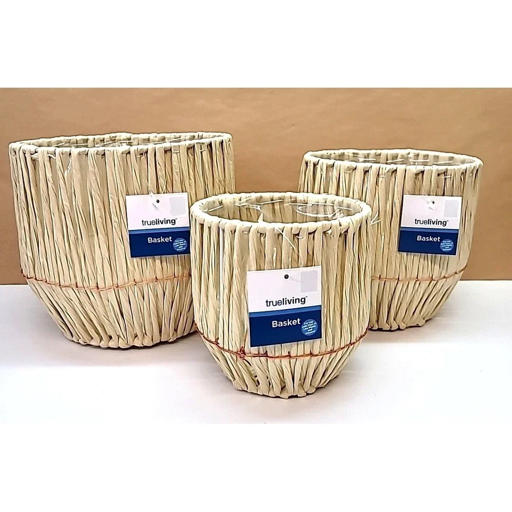 Set Of 3 Plastic Lined Natural Color Raffia Planter Baskets-6